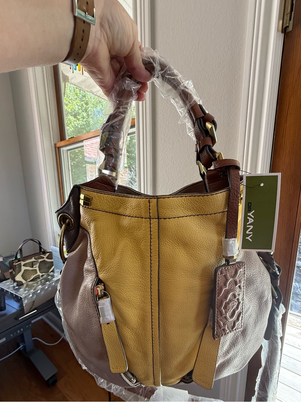OrYany Colorblock Pebbled‎ Leather Hobo Shoulder Bag Mustard Brown NWT